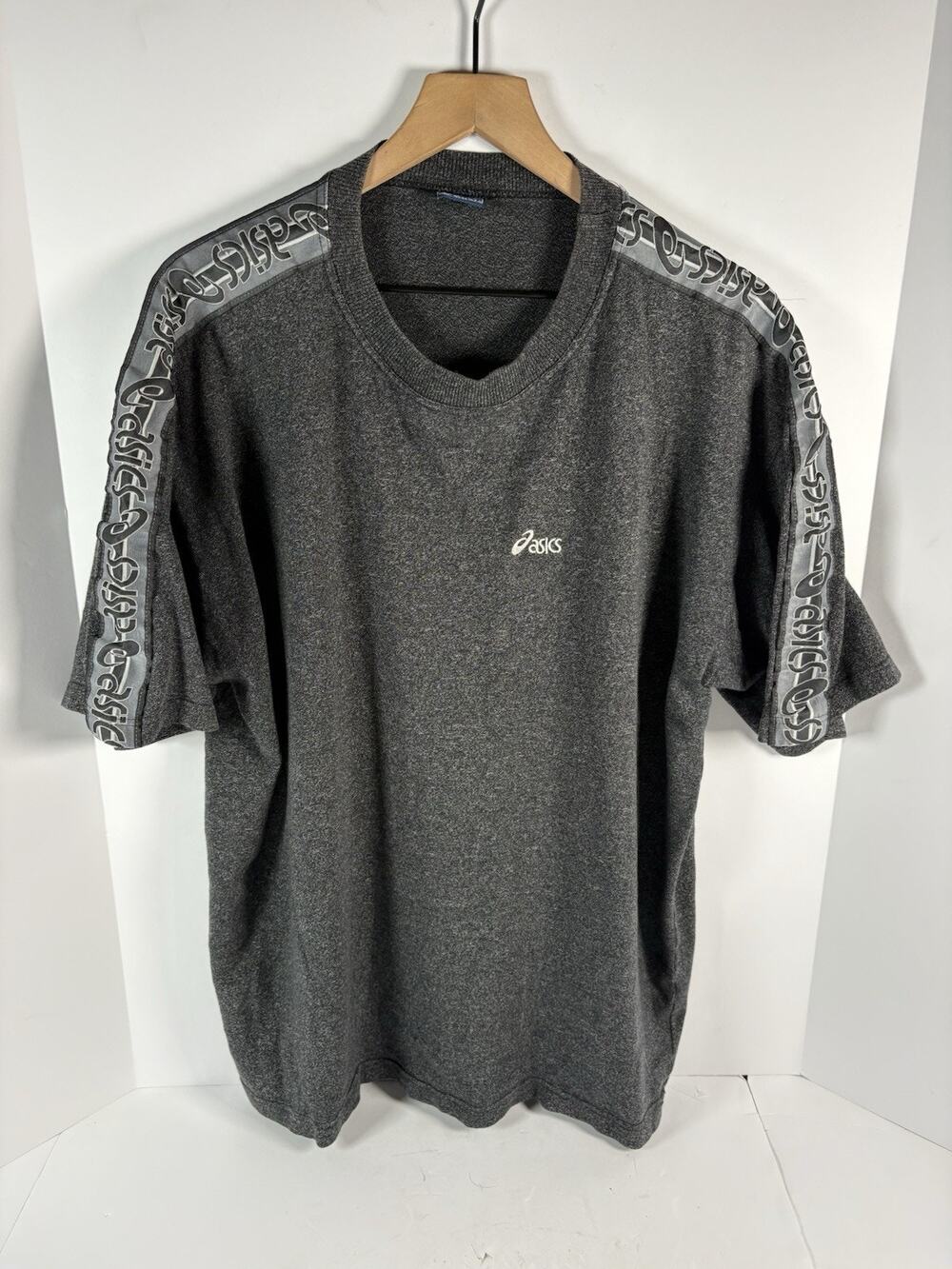 Vintage 90s Asics Tape Logo T Shirt Gray Spellout Sleeve Athletic Sportswear Tee